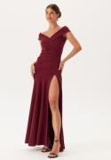 Goddiva Bardot Pleat Maxi Split Dress Wine XL (UK16)