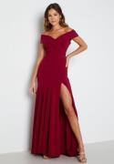 Goddiva Bardot Pleat Maxi Split Dress Wine-red XXS (UK6)
