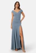 Goddiva Bardot Pleat Maxi Split Dress Light blue XL (UK16)