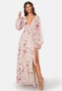 Goddiva Floral Long Sleeve Chiffon Maxi Dress Latte S (UK10)