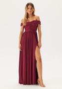 Goddiva Bardot Rouched Maxi Split Dress Berry M (UK12)