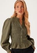 BUBBLEROOM V-neck Cotton Smock Blouse Khaki green XS