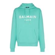 Balmain Bomullstryckt logohoodie Blue, Herr