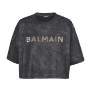 Balmain Kort ekologiskt ansvarsfull bomullst-shirt med texturerat logo...