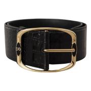 Dolce & Gabbana Svart Krokodiltryck Guld Metall DG Logobälte Black, Da...