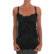 Dolce & Gabbana Svart Siden Stretch Spets Top Black, Dam