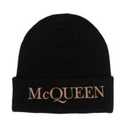 Alexander McQueen Svart ribbstickad mössa med broderad logotyp Black, ...