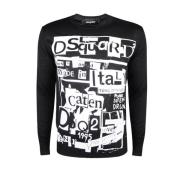 Dsquared2 Svart Stickad Sweatshirt med Tryckt Logotyp och Metall-Detal...