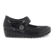 Mephisto Platt sko för kvinnor i tryckt läder Black, Dam