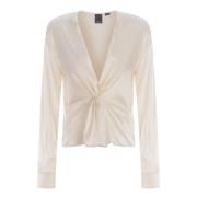 PINKO Mjuk Satin Siden Skjorta med V-Hals och Torchon-Detalj Beige, Da...