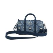 MCM Blå Vintage Jacquard Satchel Handväska Blue, Dam