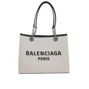 Balenciaga Canvas Toteväska med Läderkant och Logotryck Beige, Dam