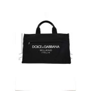 Dolce & Gabbana Svart nylonhandväska med släta läderdetaljer och kontr...