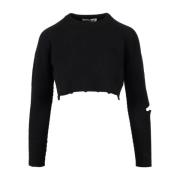 A Paper Kid Svart Crop Sweatshirt med Slits och Logo Tag Black, Dam