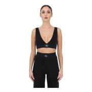 Calvin Klein Jeans Svart Ribbad V-Hals Top för Kvinnor Black, Dam