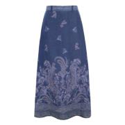 Dea Kudibal Paisley Border Print Linen Skirt Blue, Dam