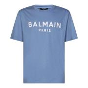 Balmain Blå T-shirt med Logo Print Blue, Herr