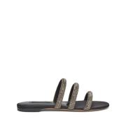 Casadei Svart Kristall Platt Sandal Black, Dam