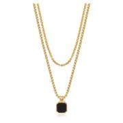 Nialaya Gold Necklace Layer with 3mm Box Chain and Onyx Square Necklac...