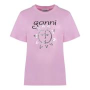 Ganni Kontrasterande Tryck Bomull T-shirt Pink, Dam