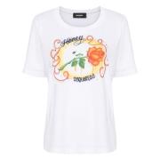 Dsquared2 Tryckt Stretch Jersey T-shirt White, Dam