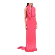 Giuseppe Di Morabito Elegant Satin Maxi Klänning med Inbyggd Huva Pink...