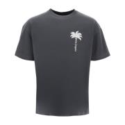 Palm Angels Sliten Palmtryck Bomull T-shirt Gray, Herr