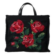 Dolce & Gabbana Svart Cashmere Rosbroderi Toteväska Multicolor, Dam