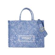 Versace Blå Jacquard Shopper Väska Canvas Blue, Dam
