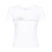 Blumarine Rhinestone Logo Crew Neck T-shirt White, Dam