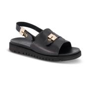 B&Co Trendig Lädersandal med Spänne Black, Dam