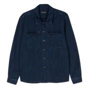 Tom Ford Denim Skjorta, Tvättad Bomull, Stiligt Design Blue, Herr