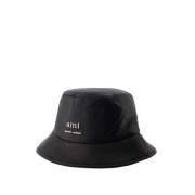 Ami Paris Svart Läder Bucket Hat med Mässingsdetaljer Black, Unisex