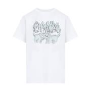 Ganni Love Cats Avslappnad T-shirt White, Dam