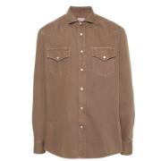 Brunello Cucinelli Jordbrun Denim Skjorta med Yoke Design Brown, Herr