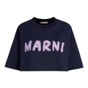 Marni bomull t-shirt med maxi logotyp tryck Blue, Dam
