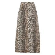 Ganni Leopard-Print Denim Midi Kjol Brown, Dam