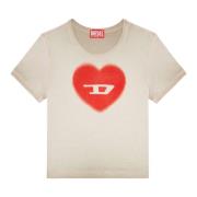 Diesel Räfflad T-shirt med vattenfärgat hjärta D Beige, Dam