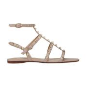 Valentino Garavani Studded Leather Flat Sandals Brown, Dam