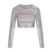 Paco Rabanne Silver Metallic Crop Top med Logo Gray, Dam