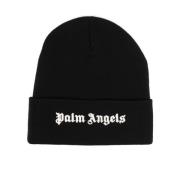 Palm Angels Svart Stickad Mössa med Vitt Logotyp Black, Dam
