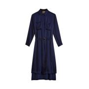 Semicouture Silkesklänning med bälte och skjortkrage Blue, Dam