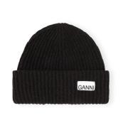 Ganni Ribbed-Knit Beanie Black, Dam