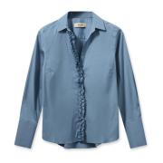 MOS Mosh Satin skjorta med volangdetaljer Blue Shadow Blue, Dam