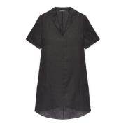 Elena Mirò Flared Linen Dress with Revers Collar Black, Dam