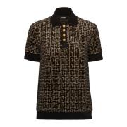 Balmain Monogrammönstrad sammet jacquard polotröja Black, Dam