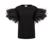 Alexander McQueen Svart Tulle Ruffle Detalj T-Shirt Black, Dam