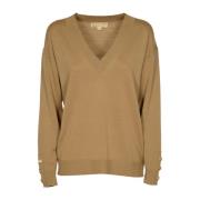 Michael Kors Merino V-Neck Button Sleeve Sweater Brown, Dam