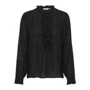 Cream Feminin Blus med Rynkdetaljer Black, Dam