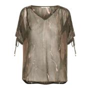 Cream Mesh Blus med Skogsprint Green, Dam